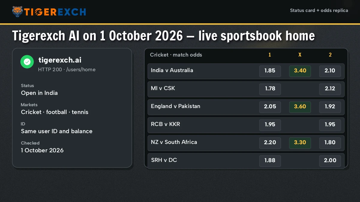 Laptop screen showing the tigerexch.ai sportsbook home with match cards beside the casino tiles