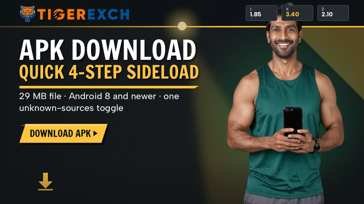 Cricketer holding an Android phone that shows the Tiger Exchange install prompt beside a 29 MB file badge