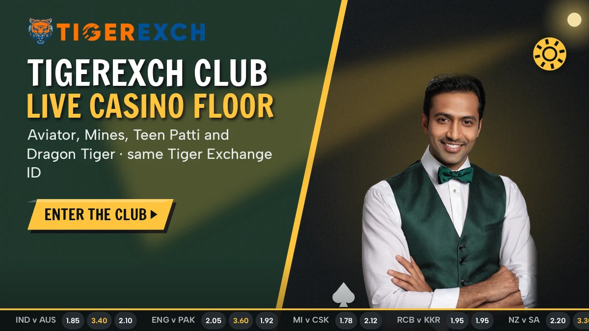 Casino host beside a phone screen showing the Tigerexch Club live casino floor at night