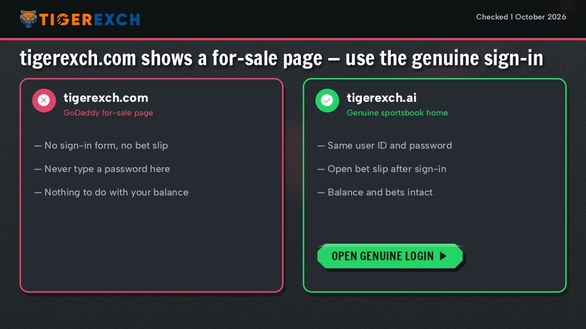 Side-by-side view of a domain sale notice and a live Tiger Exchange sportsbook screen