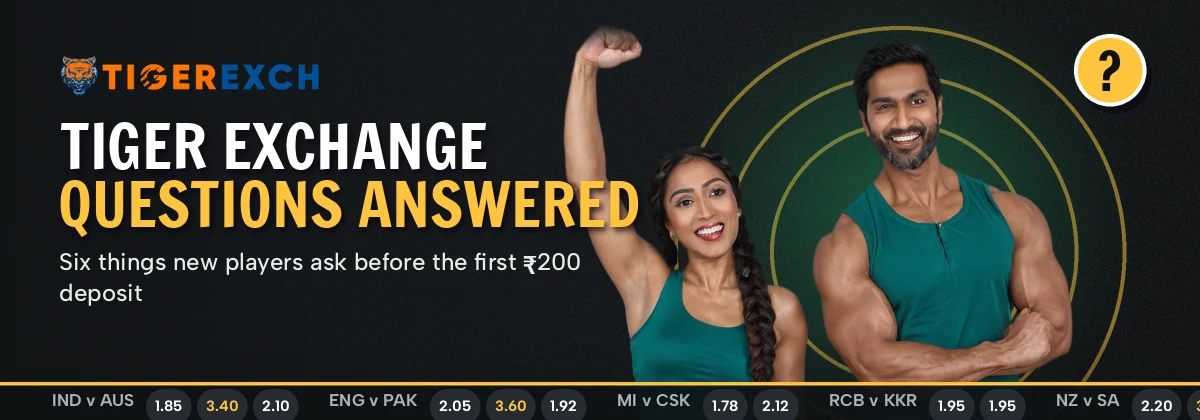 Wide floodlit stadium band introducing common questions about the Tiger Exchange account