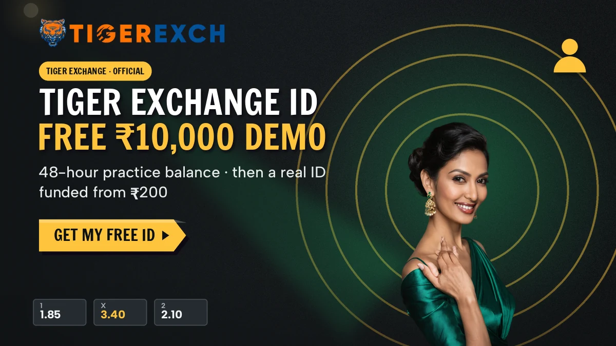 Smiling cricketer holding a phone that shows a new Tiger Exchange demo balance of ten thousand rupees