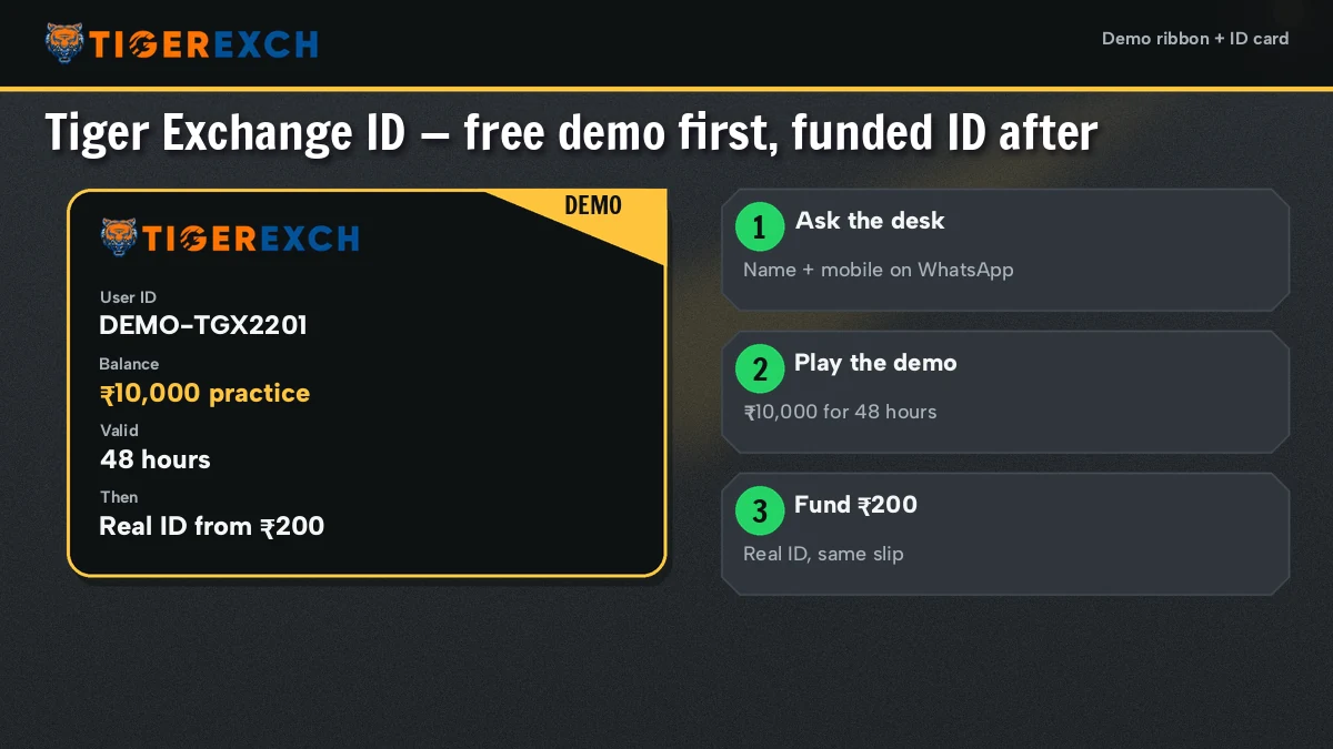 Two phone screens comparing a Tiger Exchange demo ID with practice chips and a funded ID showing a two hundred rupee deposit