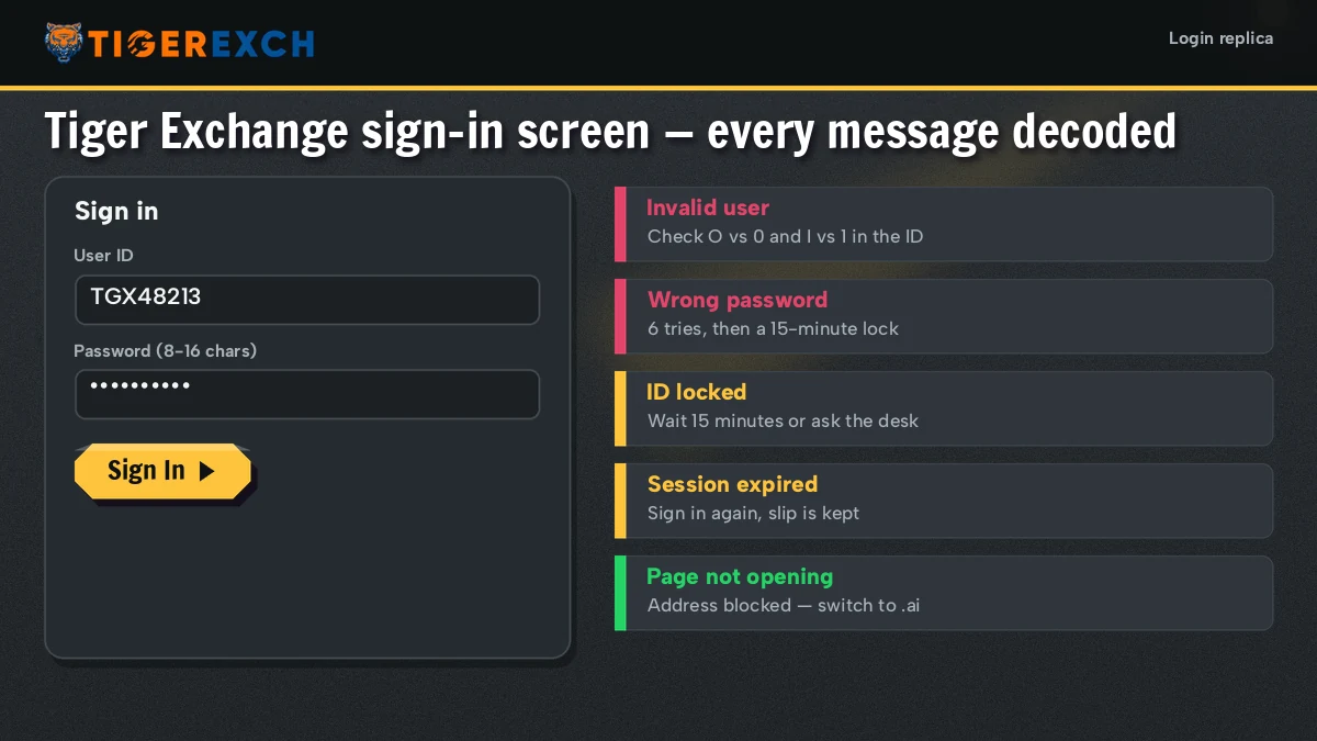 Tiger Exchange sign-in screen showing a locked ID notice next to the user ID and password entries