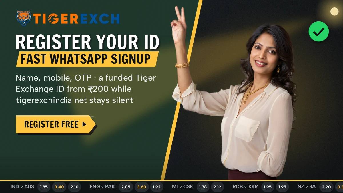 Adult cricket fan holding one phone open on a WhatsApp chat while registering a new sportsbook ID
