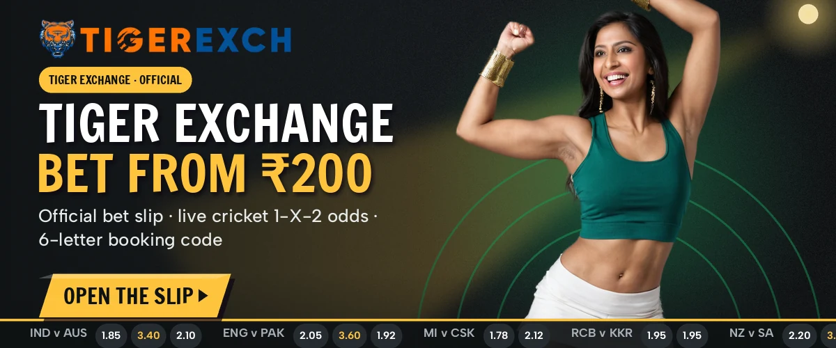Floodlit cricket banner inviting new players to open a Tiger Exchange account from a ₹200 first deposit