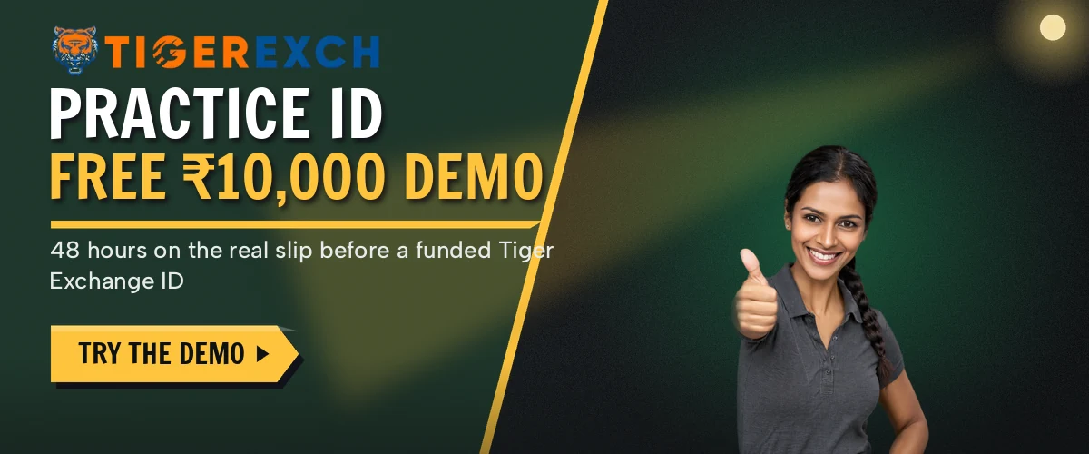 Promo slide for the Tiger Exchange practice ID with a demo balance to try the bet slip first