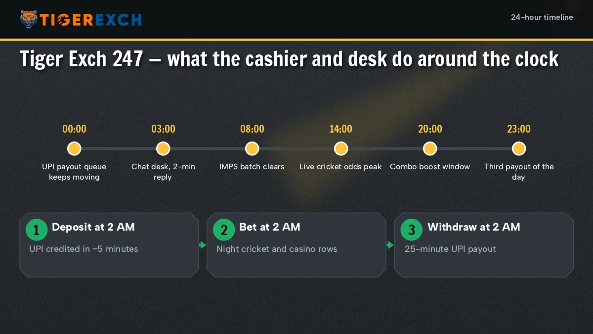 Twenty-four hour clock face beside a phone showing a Tiger Exchange UPI deposit confirmed at 4 AM