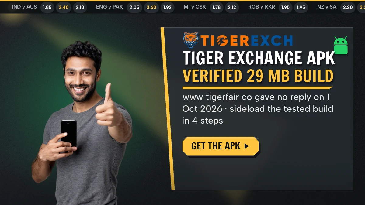 Cricketer holding one smartphone that shows the Tiger Exchange Android install screen