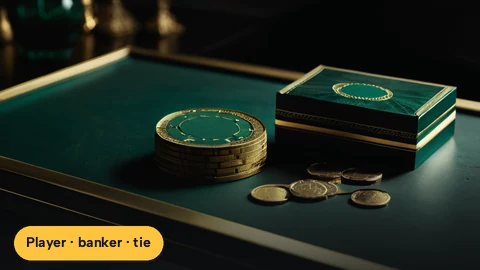 Baccarat layout with player, banker and tie boxes under soft lights