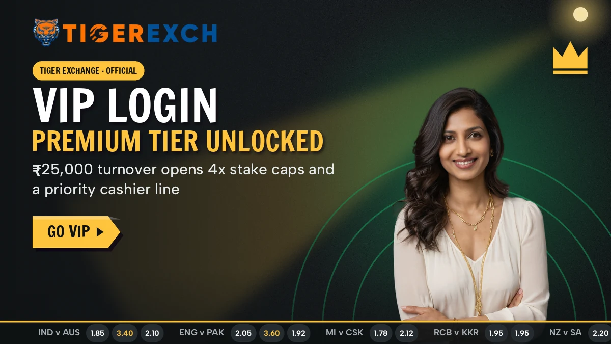 Premium tier banner marking the ₹25,000 monthly turnover line and the four-times stake cap on a Tiger Exchange account