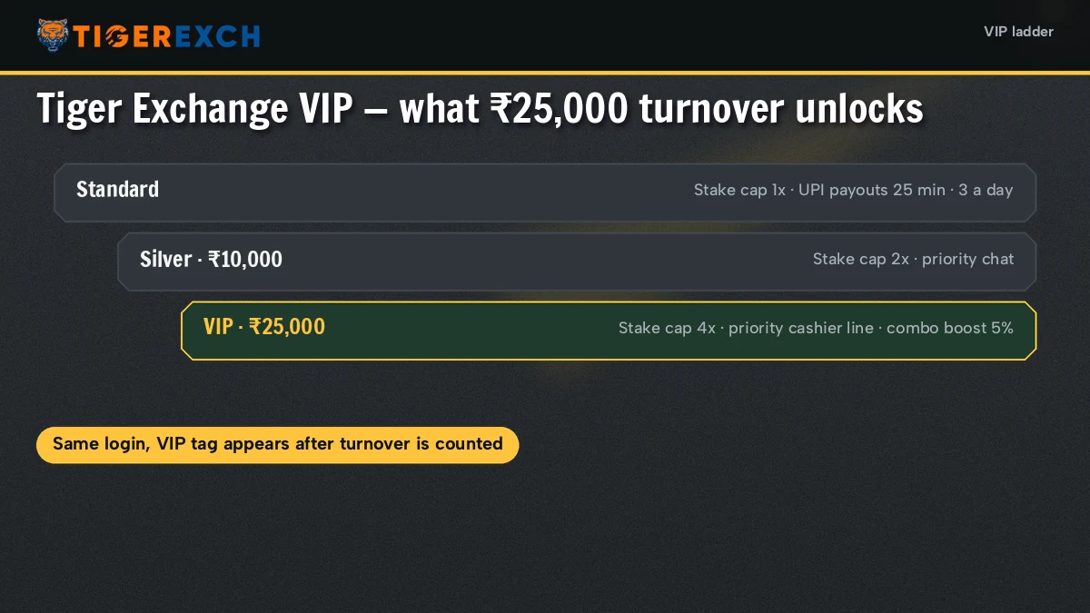 Three-step ladder from demo to standard to VIP drawn as rising ticket stubs on Tiger Exchange
